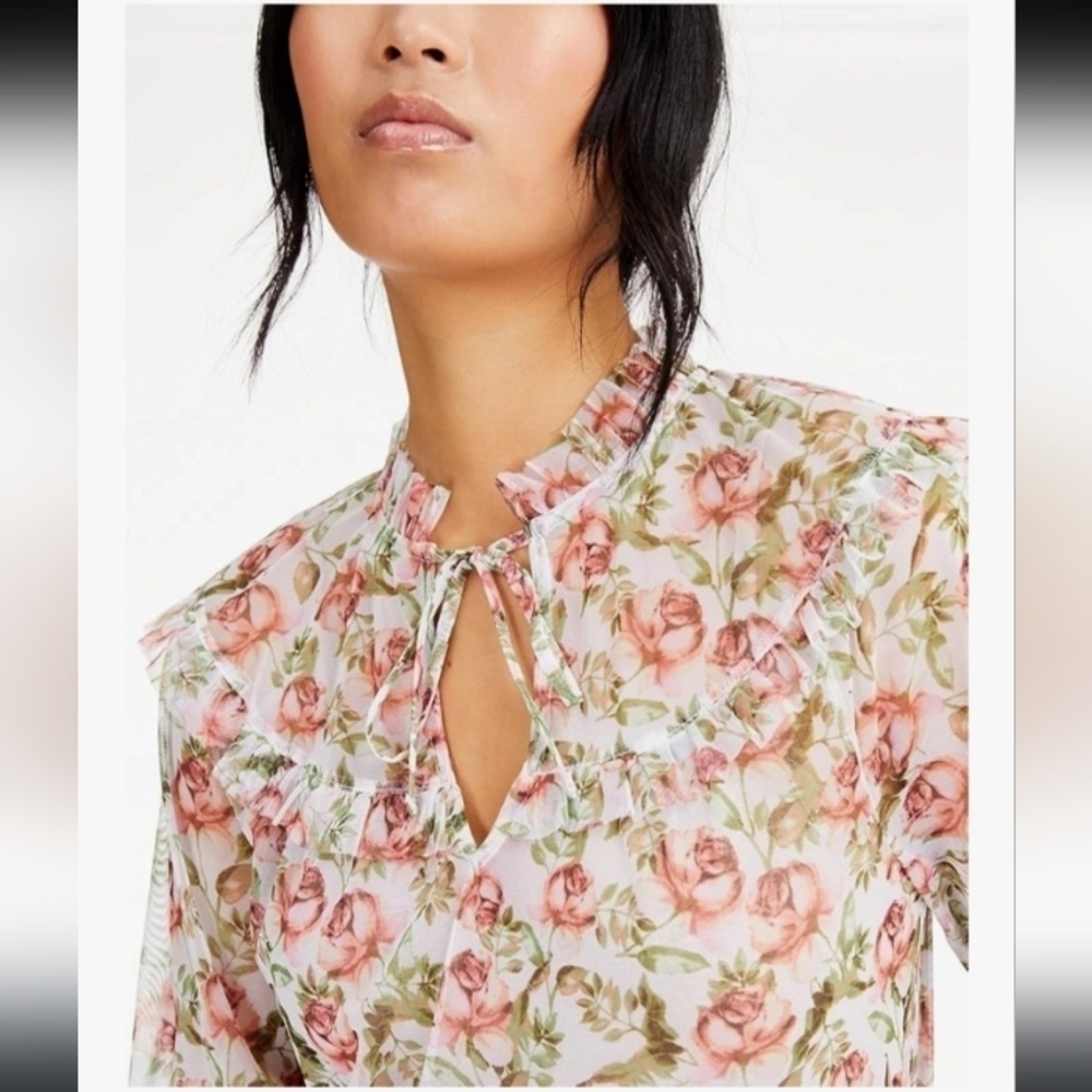 INC International Concepts Pink Rose Floral Chiffon Ruffle Smocked Blouse Small - Picture 14 of 15